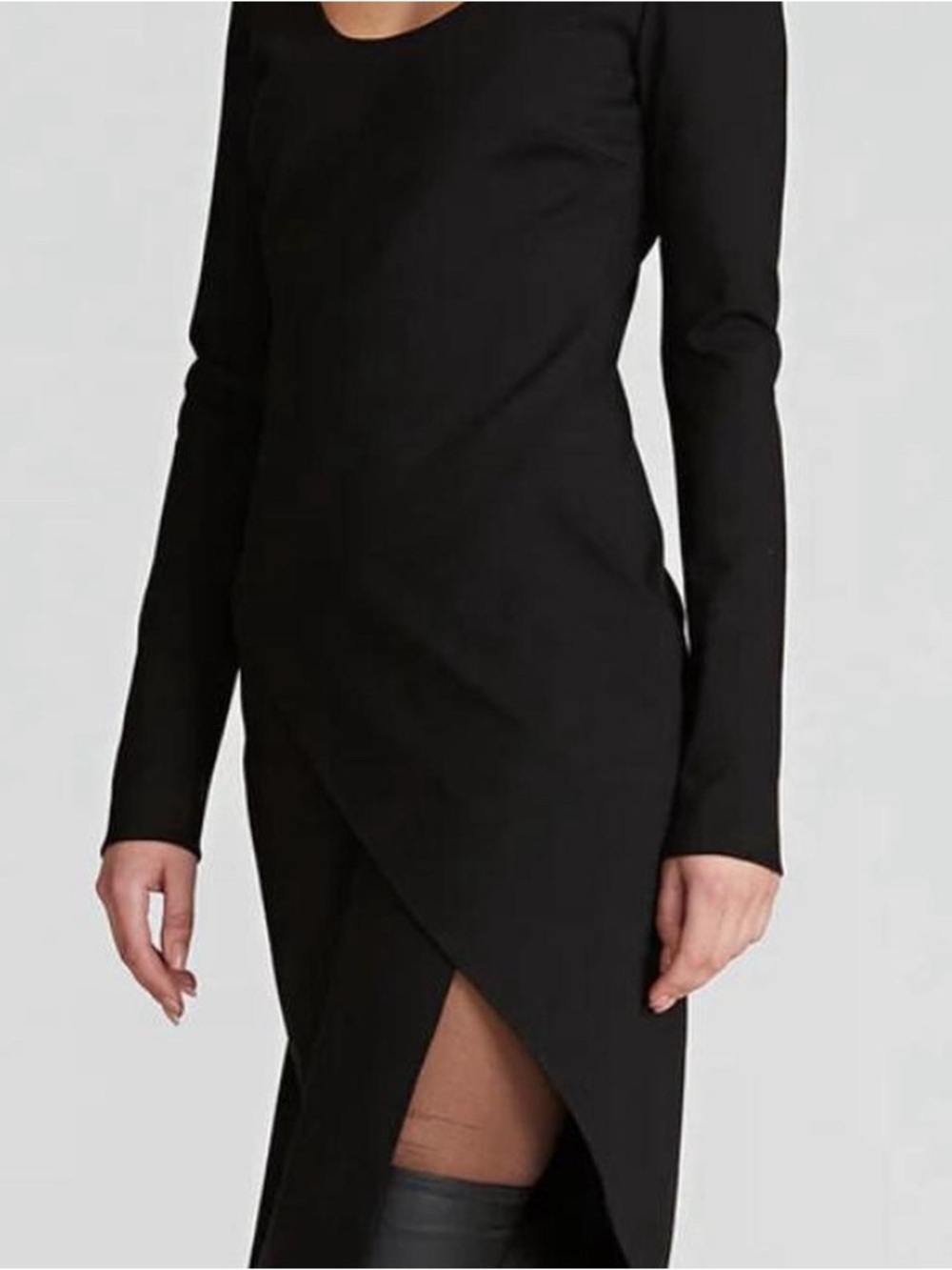 Halston Black Long-Sleeve Wrap Midi Dress